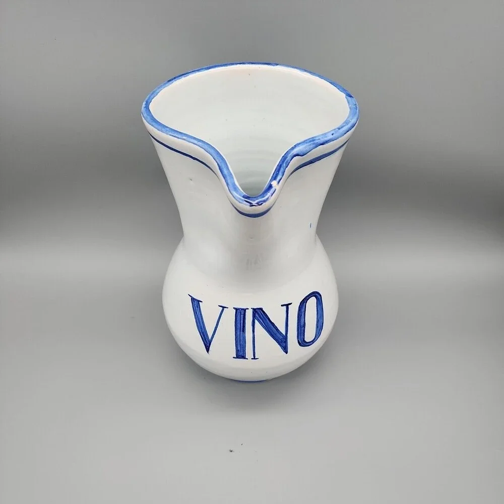 Talavera Spain Vino Pitcher Jug Hand Painted Pottery White Cobalt Blue Marked